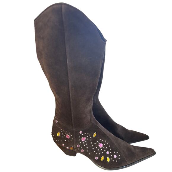 PAZZO Shoes - Pazzo Sioux Chocolate Brown Suede Rhinestone Embellished Cowboy Boots
